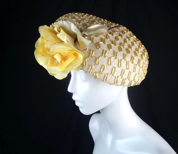 Vintage Straw Floral Capulet Hat: 1940s-50s Millinery, Ivory Rose Mid Century Yellow Accessory Gift