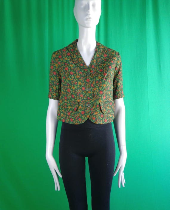 Vintage Retro Clothing Jacket Blazer Suit Coat 1950s 1960s Mid Century Mod Crop Bomber Floral Small Green Orange Yellow Wedding Party Gift