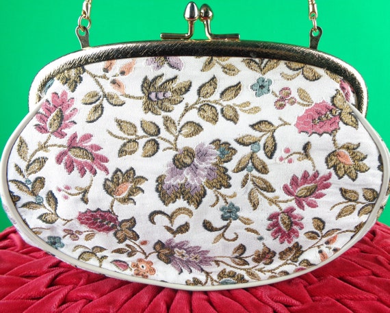 Vintage Retro Accessorie French Chain Purse Handbag 1950s 1960s Floral Tapestry Needle Point Mid Century Wedding Party Evening Formal Gift