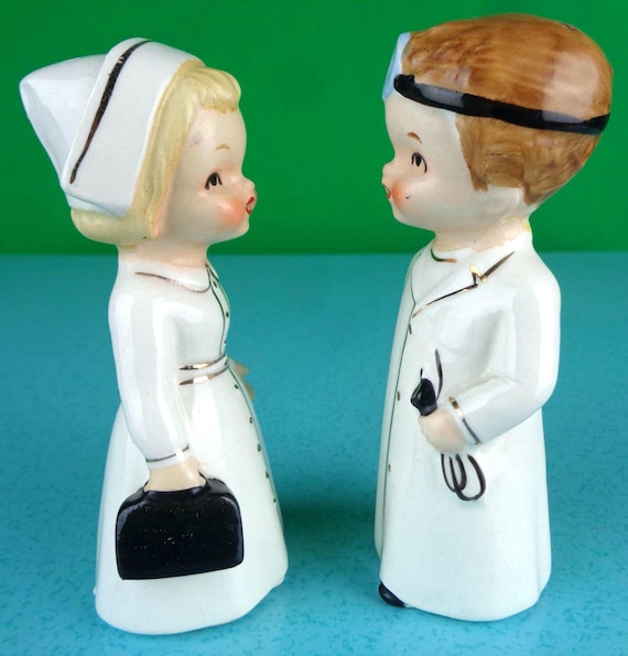 Vintage Retro Nurse Doctor Uniform Salt & Pepper Shakers 1950s 1960s Mid Century Party Home Live Decor Barware Art Collector Figurines Gift