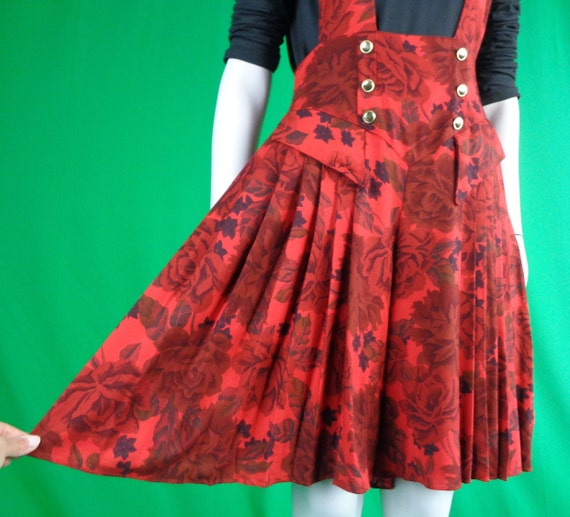 Vintage Retro Clothing Apparel Overalls Suspenders Shorts Jumpsuit Romper Playsuit 1970s 1980s M Red Black Floral Pleat Casual Formal Gift