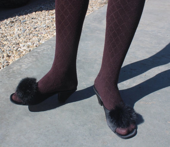 1950s 60s Vintage Mid Century Retro Womens Black Satin Fur Slippers Shoes Pumps Size 6 12 Boudoir Bedroom House Peep Toe Slides Slip On