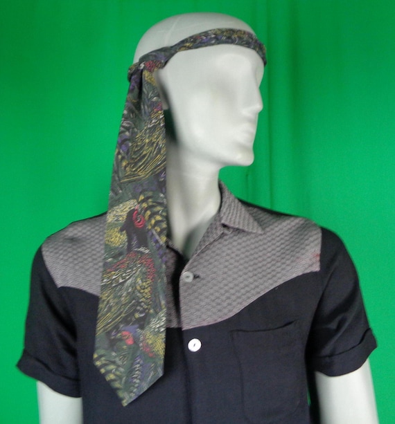 Vintage Retro Unisex Corsini Silk Self Necktie Suit Accessorie 70s 80s Pheasant Bird Animal Wedding Formal Evening Gift Green Yellow Purple