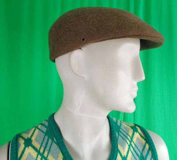 Vintage Retro Unisex LG Pendleton News Paper Boy Cap Hat Beret Tam 1950s 1960s Mid Century Army Military War Green Brown Casual Gift