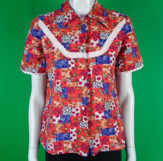 Vintage Retro Handmade Clothing Apparel Button Blouse Shirt Top 1960s 1970s S Patch Work Peasant Gunny Sack Western Casual Sport-wear Gift