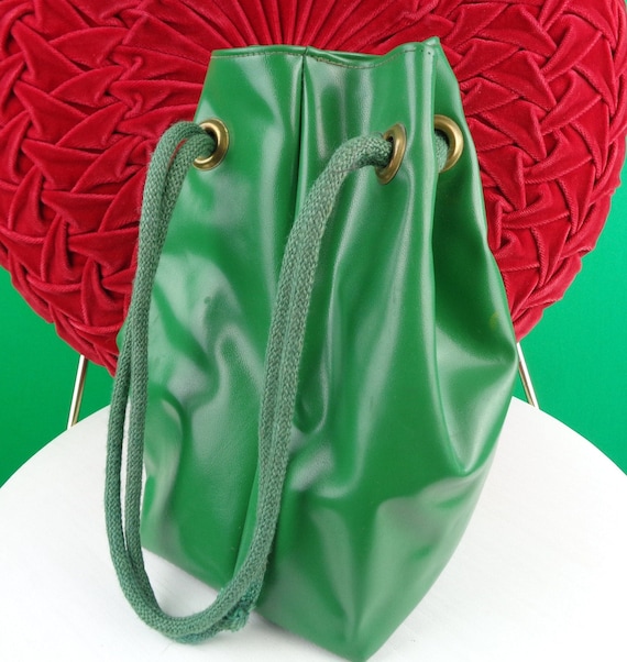 Vintage Green Vinyl Purse: 1960s-70s Top Handle Handbag Mid Century Pouch Mod Clutch Gift