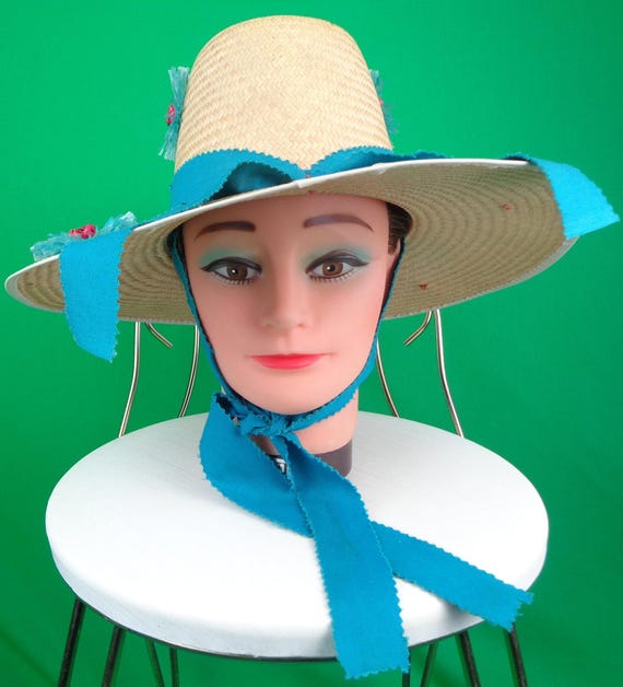 Vintage Retro Accessorie Large Natural Straw Bucket Sun Hat 1950s 1960s Mid Century Tall Brim Blue Tie Raffia Rattan Casual Formal Gift