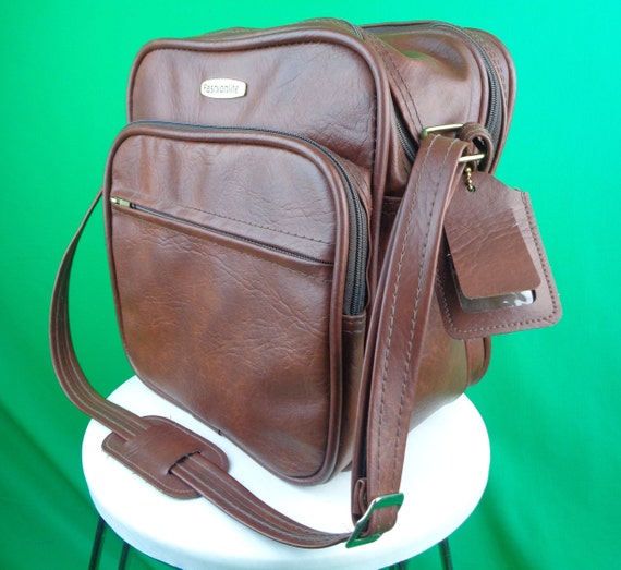 Vintage Retro Tote Shoulder Bag Suitcase Luggage 1970s 80s Fashionite Brown Vinyl Carry On Overnight Duffle Messenger Travel Holiday Gift