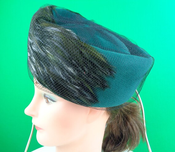 Vintage Retro Accessorie Pillbox Hat Green Black … - image 3