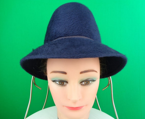 Vintage Retro Accessorie Bucket Panama Mohair Wool Hat Navy Blue Fur Hat 1950s 1960s Mid Century Mod Georgette Wedding Formal Casual Gift