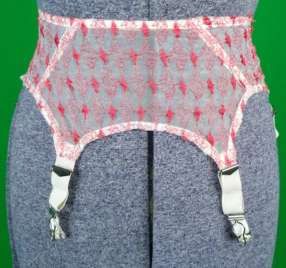 Vintage Geometric Garter Belt: 1950s Lingerie Mid Century Hosiery Stocking Nylon Accessory Red White