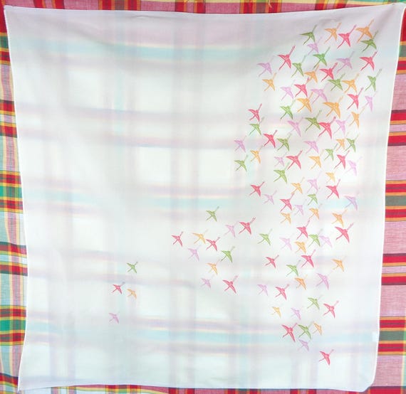 Vintage Retro Accessorie Large Nylon Square Crane Bird Scarf Wrap Shawl 1950s 1960s Mid Century Ivory Coral Yellow Green Purple Wedding Gift