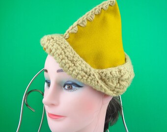 Womens Girls Accessorie Yellow Beige Wool Hat Skull Cap Beanie 1940s 50s WW2 Vintage Mid Century Retro Pixie Alpine Lederhosen Switzerland