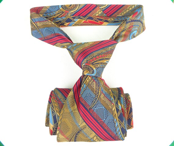 Vintage Retro Oleg Cassini Self Necktie Suit Accessorie 50s 60s Mid Century Paisley Stripe Wedding Formal Party Evening Gift Red Blue Yellow