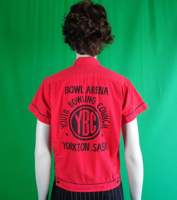 Vintage Retro Clothing Apparel Hilton Bowling Button Red Shirt Blouse Top 1940s 1950s Mid Century Yorkton Sask YBC Casual Sport-wear Gift
