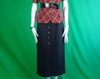 Vintage Jersey Knit 1950s 1960s Pinstripe Button Front Maxi Skirt - Frank Lee California Black