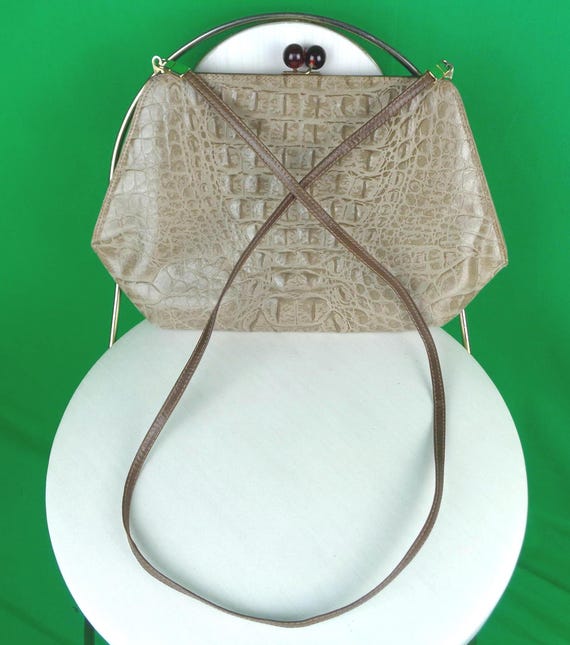 Vintage Retro Holt Renfrew Antonio Seepi Crossbody Shoulder Handbag Purse 1970s 80s Brown Leather Reptile Italian Designer Gift Accessorie