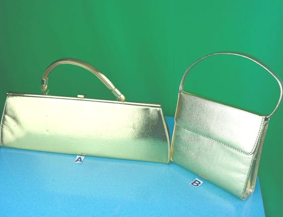 Vintage Retro Gold Metallic Lame Handbags Top Handle Purses 1950s 1960s Mid Century Rectangular Square Wedding Party Formal Evening Gift