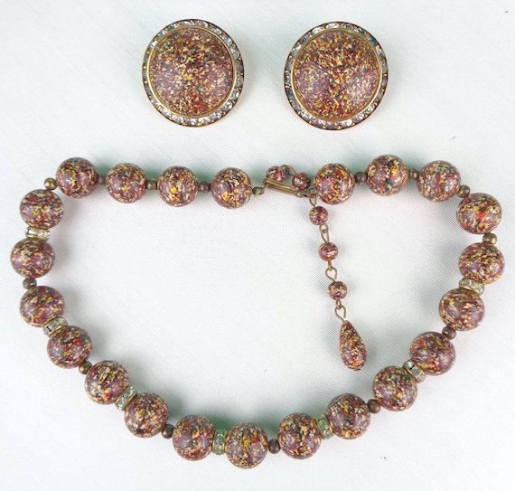 Vintage Rhinestone Jewelry Set: Speckled Resin Necklace & Clip On Earrings 1940-50s Chocker Mid Century