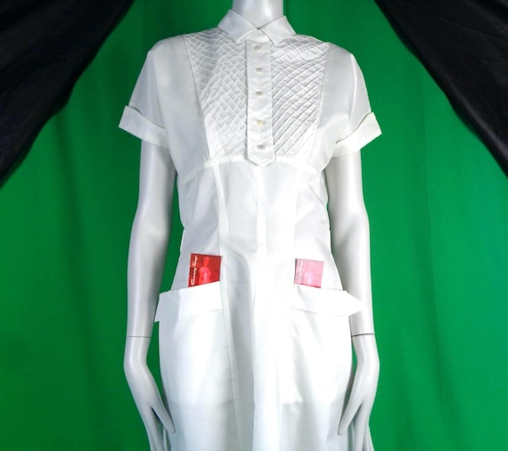 Vintage 1950s White Nurse Uniform Dress: Mid Century Zip Dress Dolman Sleeves Size 16
