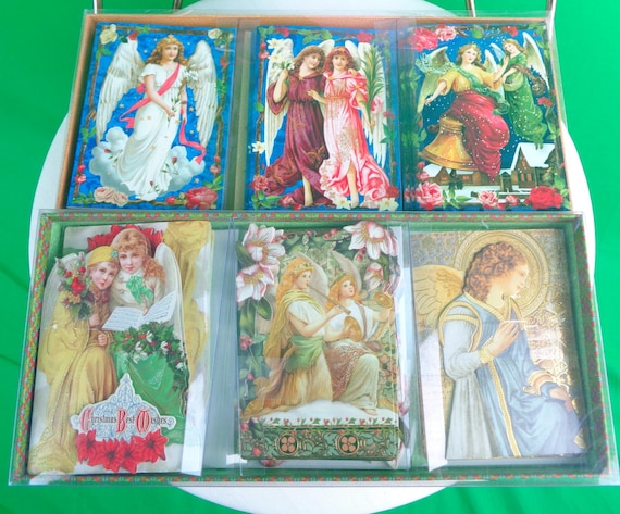 Vintage Retro Christmas Holiday Greet Blank Card Box Set 12 Angel Stationary Religious 1900s Style Antique Gift Memento Keepsake Collect