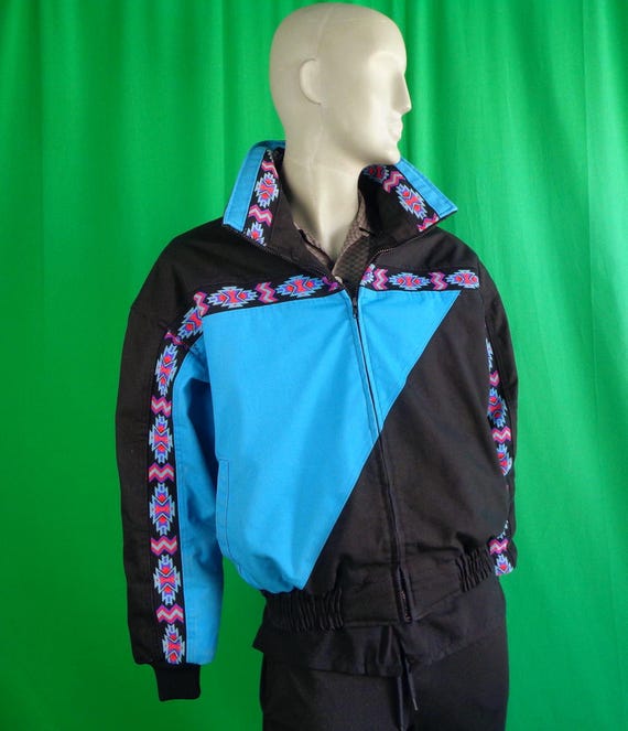 Vintage Southwest Navajo Coat: 1970s Zip-Up Bomber Aztec Jacket Members Outerwear Gift Blue Black