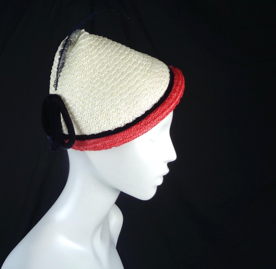 Vintage Raffia Feather Capulet Hat: 1940s-50s Velvet Bow White Red Blue Chapel Accessory Gift
