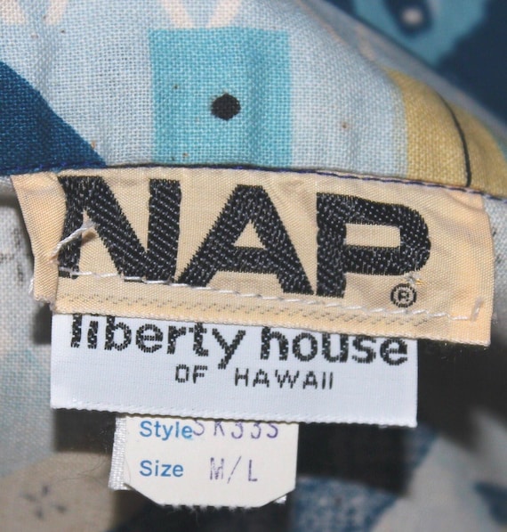 Vintage Clothing Apparel Nap Liberty House Hawaii Wrap Skirt 60s 70s ML Blue Yellow White Patchwork Wedding Party Evening Formal Casual Gift