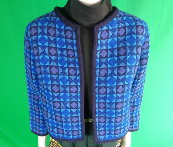 Vintage 1960s-70s Wool Duster Jacket - Craft Cymru - Abstract Pattern Blazer Blue Purple Black Gift