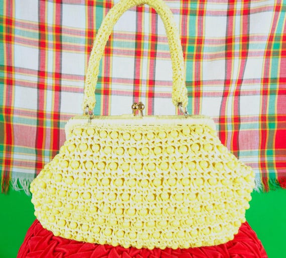 Vintage Retro Yellow Raffia Rattan Straw Purse Top Handle Handbag Clutch 1950s 1960s Mid Century Wedding Party Evening Gift Accessorize