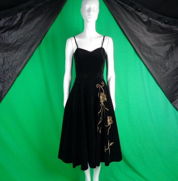 Vintage Black Velvet Halter Dress: 1950s Gold Floral Beaded Party Dress Mid Century Clothing
