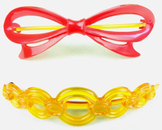 Vintage Retro Barrettes Clips Hair Accessories 1940 50s LG Yellow Rings Red Bow Personal Care Bath Beauty Wedding Party Formal Evening Gift