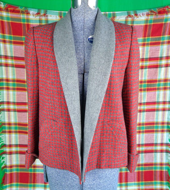 Vintage Handmade Wool Swing Jacket, Red Gray Checker, 1940s-50s Tent Coat Mid Century Duster