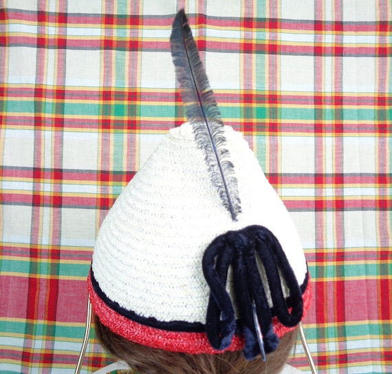 Vintage Retro Raffia Straw Feather Cone Hat Capulet 40s 50s Mid Century White Red Blue Velvet Wedding Party Formal Evening Gift Accessorize