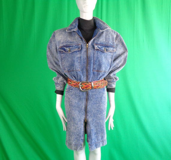 Vintage Retro Clothing Stone Wash Denim Jean Zip Pocket Dress 1980s 1990s XS Small Punk Rocker Wedding Party Formal Evening Casual Gift