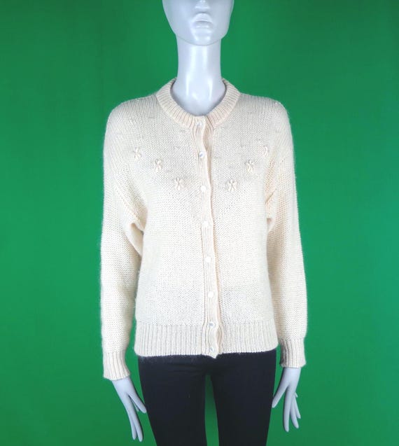 Vintage Retro Clothing Apparel Mohair Ivory Button Cable Knit Cardigan Sweater Top 1960s 1970s S Wedding Party Evening Formal Casual Gift