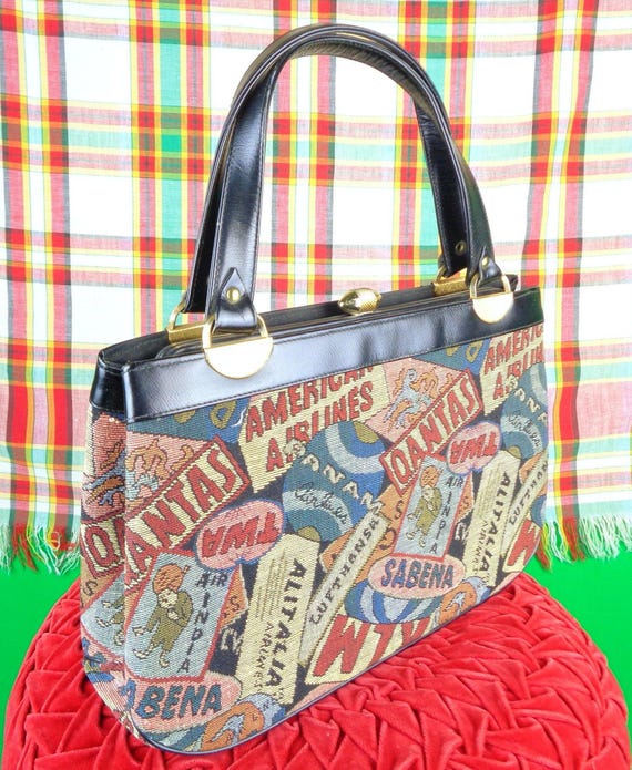 Vintage Retro French Tapestry Arline Purse Handbag Top Handle Clutch 1950s 1960s Mid Century Airliner TWA PANAM Qantas American Airline Gift