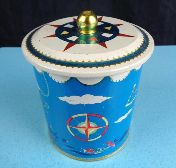 Vintage 1960 Nautical Tin: Mid-Century Coastal Storage Canister Collectible Decor Gift Decorative Lid Container
