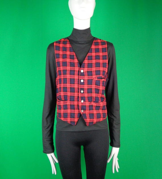 Vintage Retro Unisex Clothing Apparel Button Vest Top Shirt 1940s 50s M Tartan Plaid Wedding Party Evening Formal Casual Gift Black Red Blue
