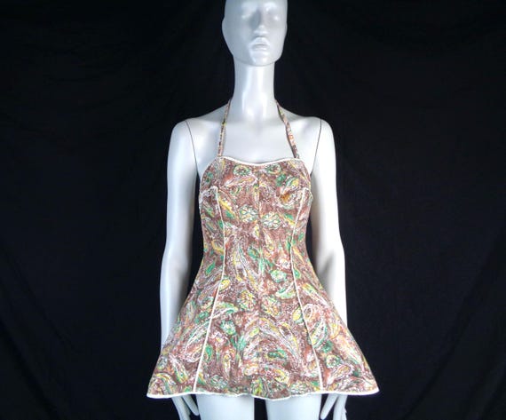 1950s Handmade Romper: Abstract Print Playsuit, U.K. Vintage Bloomers Shorts Skirt Costume Brown Green Yellow