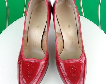 Vintage Retro Red Cross Designer Pumps Shoes Heels 1950s 1960s Mid Century CAN US 5 1/2 Patent Leather Wedding Party Evening Formal Gift