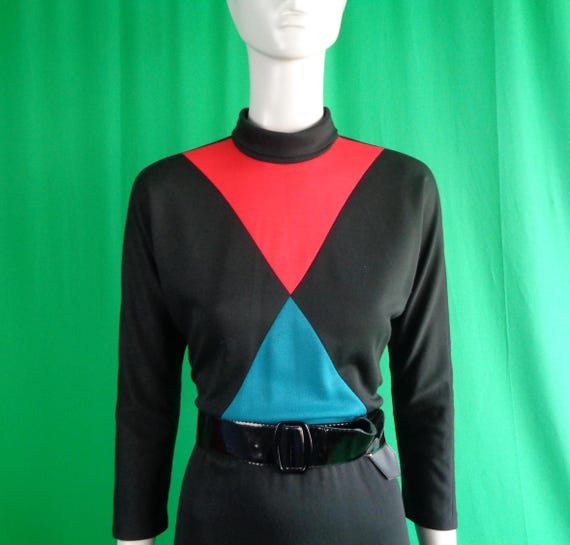 Vintage Retro Nu Mode Clothing Pullover Color Block Dress Jersey 1960s 1970s Mid Century M Black Red Blue Evening Party Formal Casual Gift