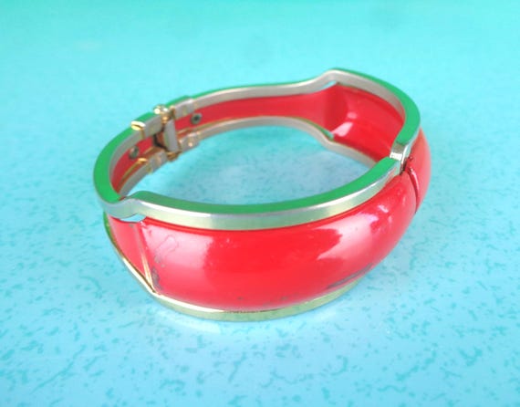 Vintage Red Enamel Cuff Bracelet: Mid-Century Modern Gold-Tone Bangle Retro Jewelry MCM 50s-60s Gift