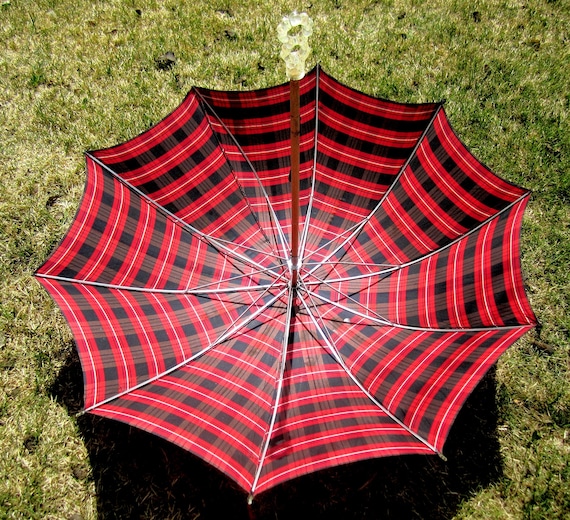 Vintage Retro Umbrella Parasol Canopy Rain Accessorie 1940s 1950s Mid Century Red Black Brown White Plaid Tartan Wedding Party Gift