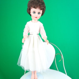 Vintage Retro Collectible 19&quot; Brunette Blink Eye Doll Action Figure Toy 50s 60s Mid Century White Slip Lingerie Dress Stand Room Accent Gift