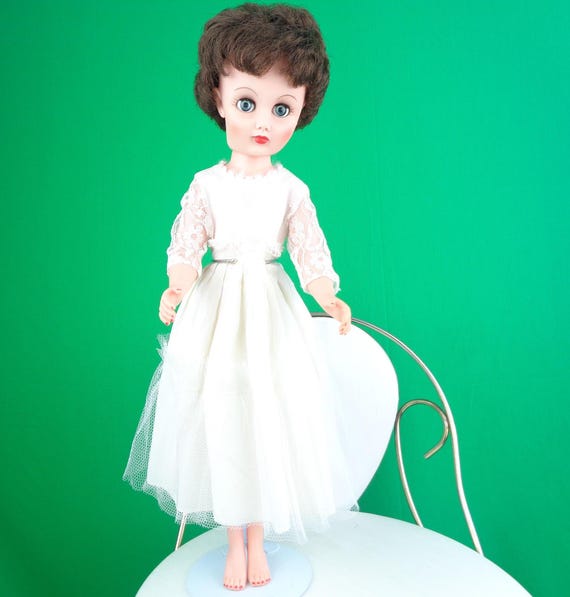 Vintage Retro Collectible 19" Brunette Blink Eye Doll Action Figure Toy 50s 60s Mid Century White Slip Lingerie Dress Stand Room Accent Gift