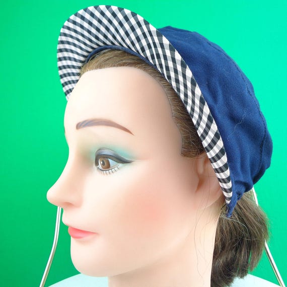 Vintage Retro Accessorie Half Mini Small Hat 1940s 1950s Solid Navy Blue Checker Pail Pink Black Gray Cotton Satin Mid Century Formal Gift