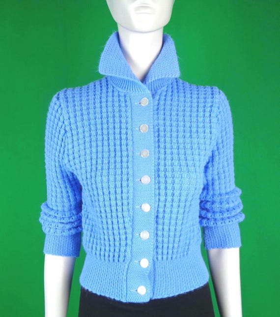Vintage Cable Knit Button Cardigan: Baby Blue Alpine Sweater, Top 1940s-50s Mid Century Gift