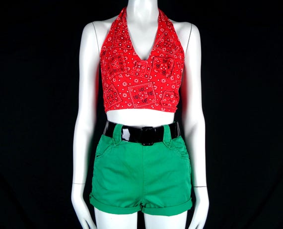 Vintage 1950s Handmade Red Bandana Crop Top: Tie Patchwork Tank Blouse Shirt Gift Accessory