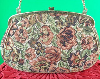 Womens Girl Accessorie Gold Brown Green Floral Tapestry Needle Point Purse Handbag Clutch Evening Wedding French 50s 60s Vintage Mid Century